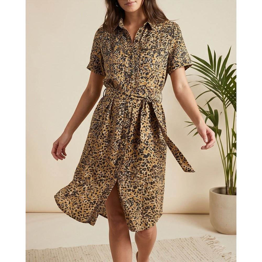 Karen Millen US 6/ UK 10 Leopard Print Linen Blend Belted Shirt Dress Tan Black